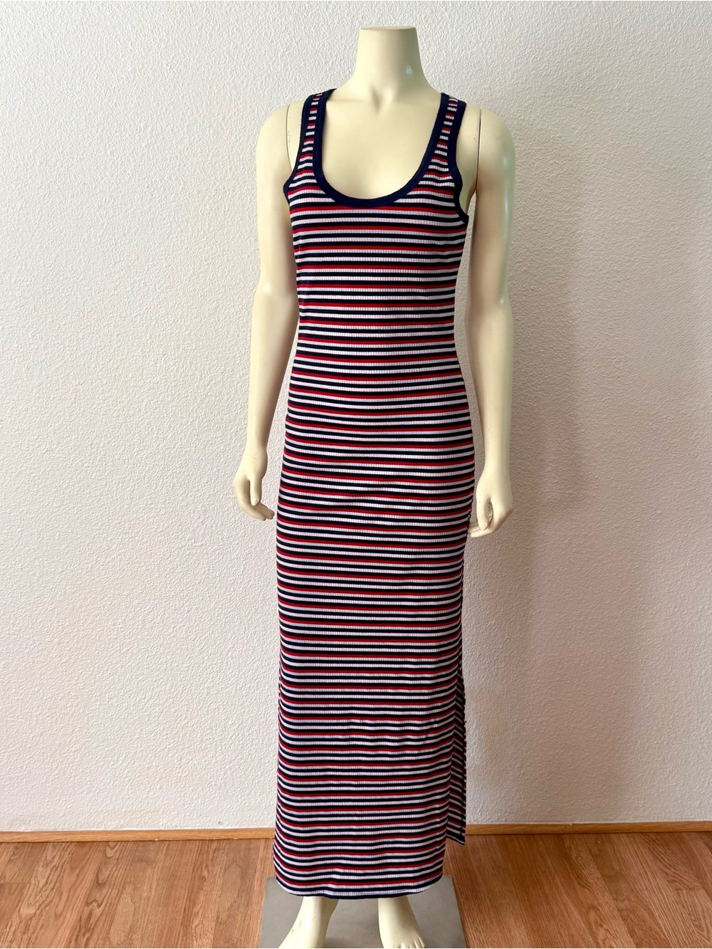 Rolla Coster Striped Ribbed Bodycon Maxi Dress Sz L Racerback Y2K Nautical Slit